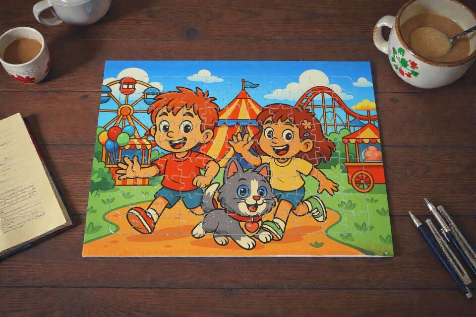 96 Parça A4 Puzzle Piroş Aliş ve Mırmır Lünaparkta Hayellerden Doğan Puzzle