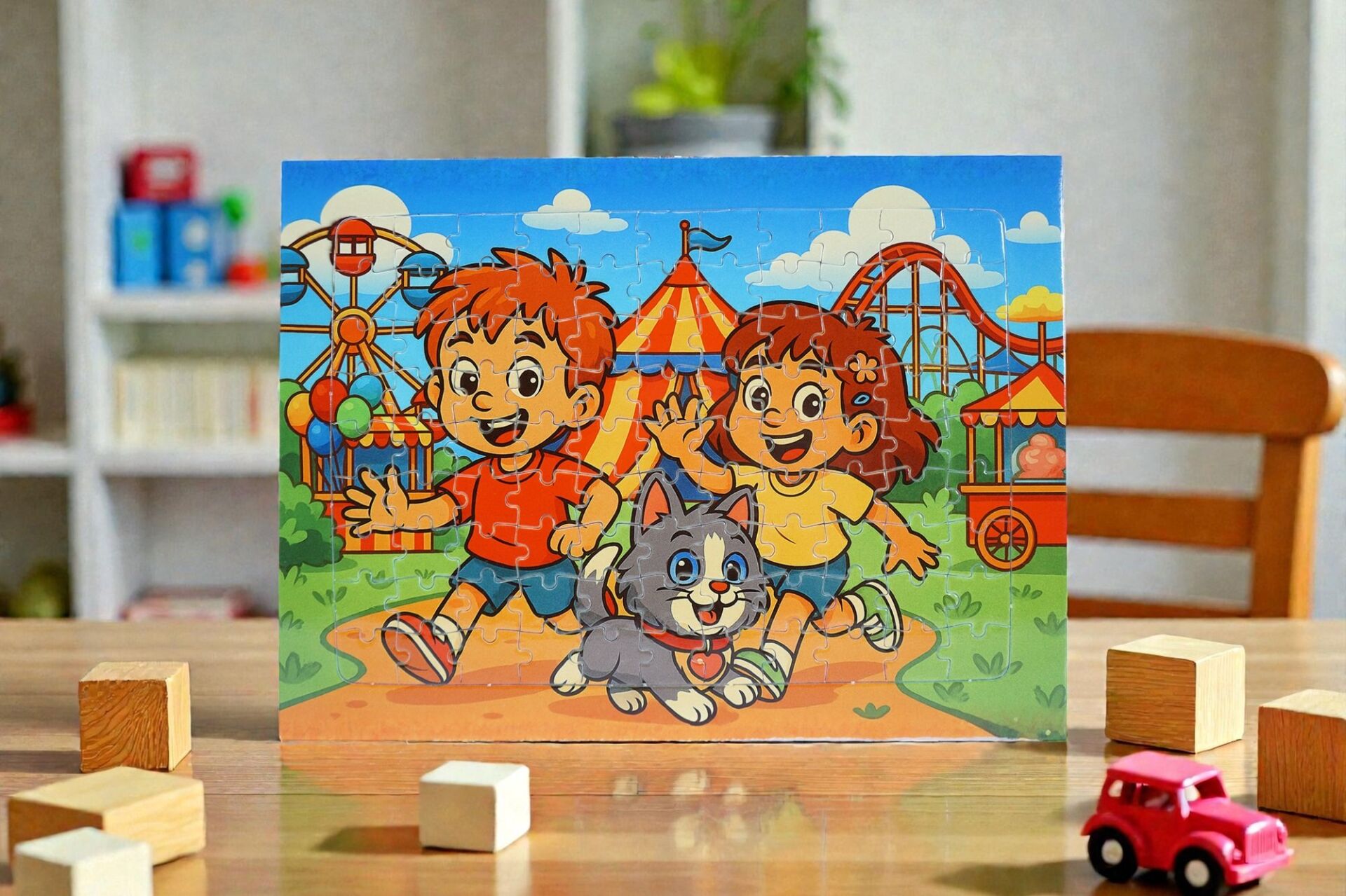 130 Parça A3 Puzzle Piroş Aliş ve Mırmır Lünaparkta Hayellerden Doğan Puzzle