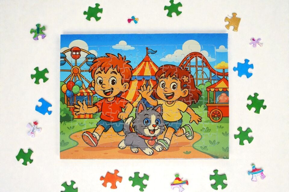 130 Parça A3 Puzzle Piroş Aliş ve Mırmır Lünaparkta Hayellerden Doğan Puzzle