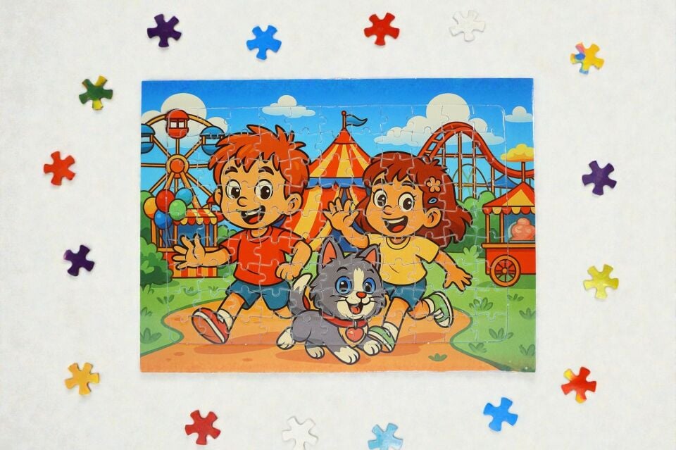 130 Parça A3 Puzzle Piroş Aliş ve Mırmır Lünaparkta Hayellerden Doğan Puzzle