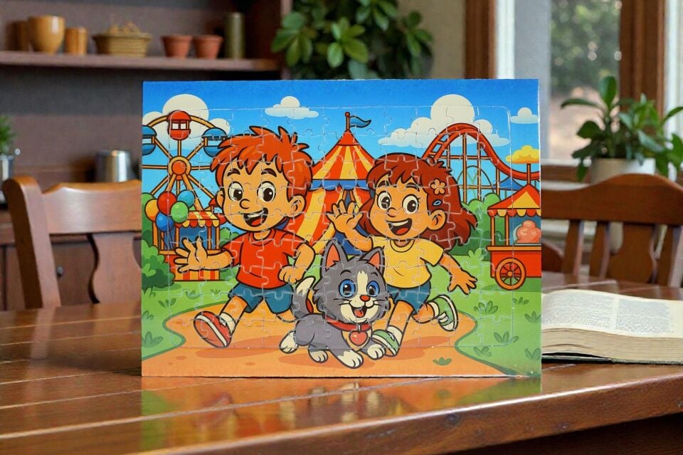 130 Parça A3 Puzzle Piroş Aliş ve Mırmır Lünaparkta Hayellerden Doğan Puzzle