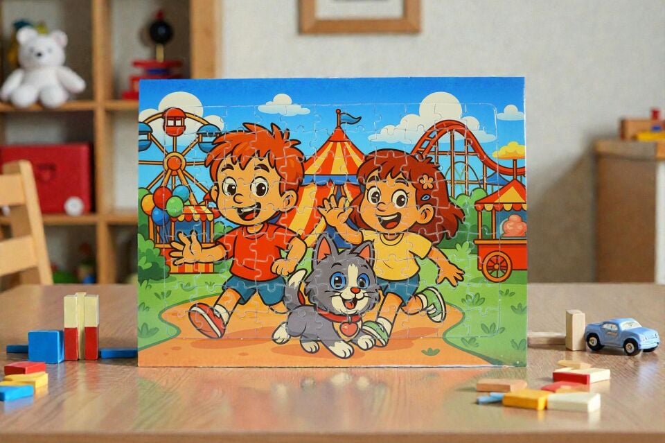 130 Parça A3 Puzzle Piroş Aliş ve Mırmır Lünaparkta Hayellerden Doğan Puzzle