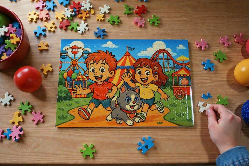 240 Parça A3 Puzzle Piroş Aliş ve Mırmır Lünaparkta Hayellerden Doğan Puzzle