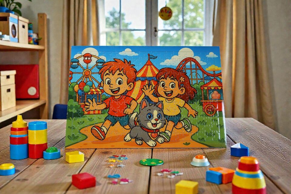 240 Parça A3 Puzzle Piroş Aliş ve Mırmır Lünaparkta Hayellerden Doğan Puzzle