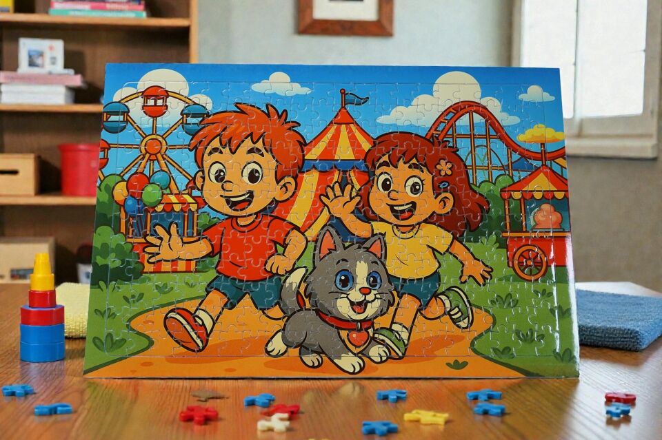 240 Parça A3 Puzzle Piroş Aliş ve Mırmır Lünaparkta Hayellerden Doğan Puzzle