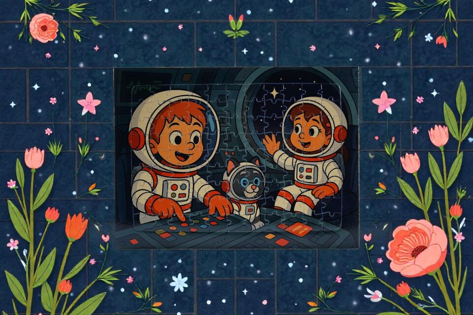 42 Parça A4 Puzzle Piroş Aliş ve ve Mırmır Uzay Yolculuğunda Hayellerden Doğan Puzzle