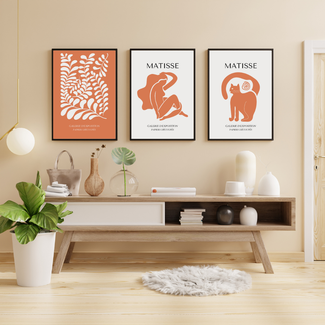 Turuncunun Büyüsü Matisse  Duvar Tablosu Çerçeveli 3'lü Set Siyah - 50 x 70