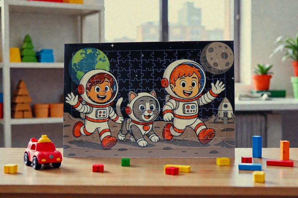 130 Parça A3 Puzzle Piroş Aliş ve Mırmır Uzay Yolculuğunda Hayellerden Doğan Puzzle