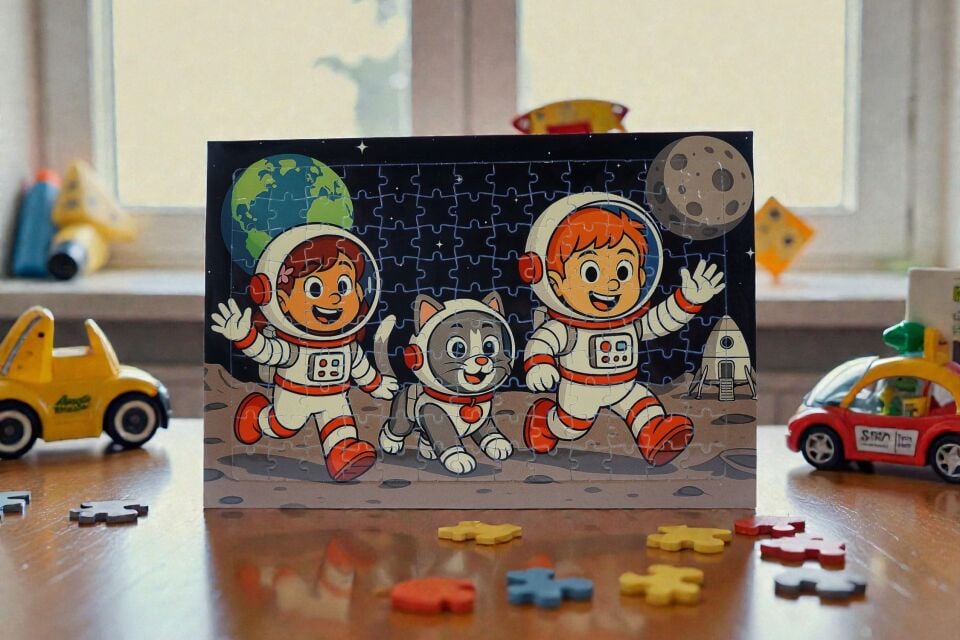 130 Parça A3 Puzzle Piroş Aliş ve Mırmır Uzay Yolculuğunda Hayellerden Doğan Puzzle