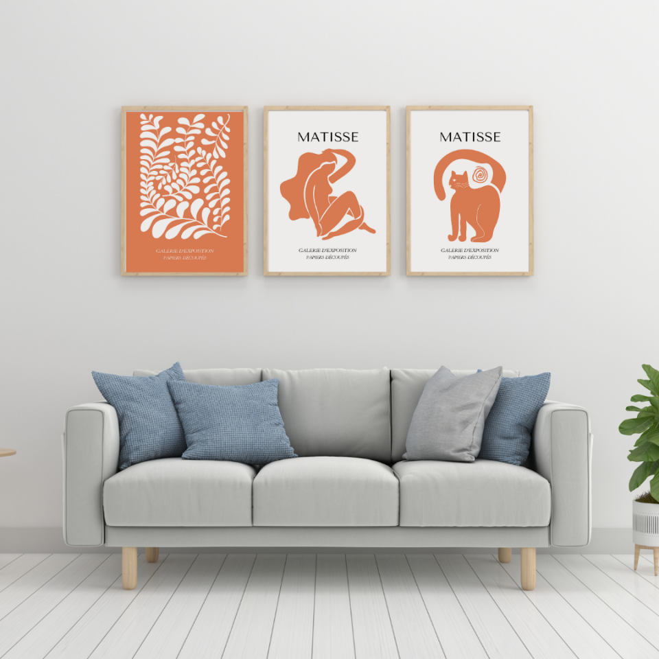 Turuncunun Büyüsü Matisse  Duvar Tablosu Çerçeveli 3'lü Set Ahşap - 30 x 42