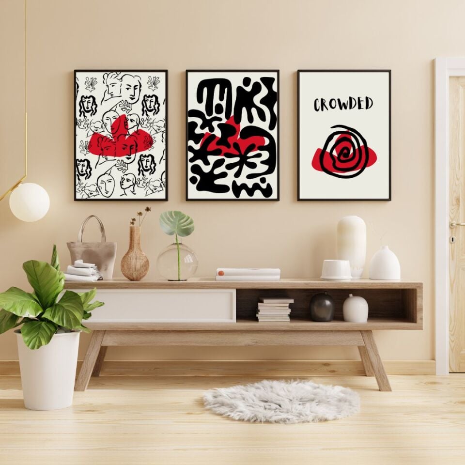 Kırmızı Siyah Kalabalık Duvar Tablosu Çerçeveli 3'lü Set