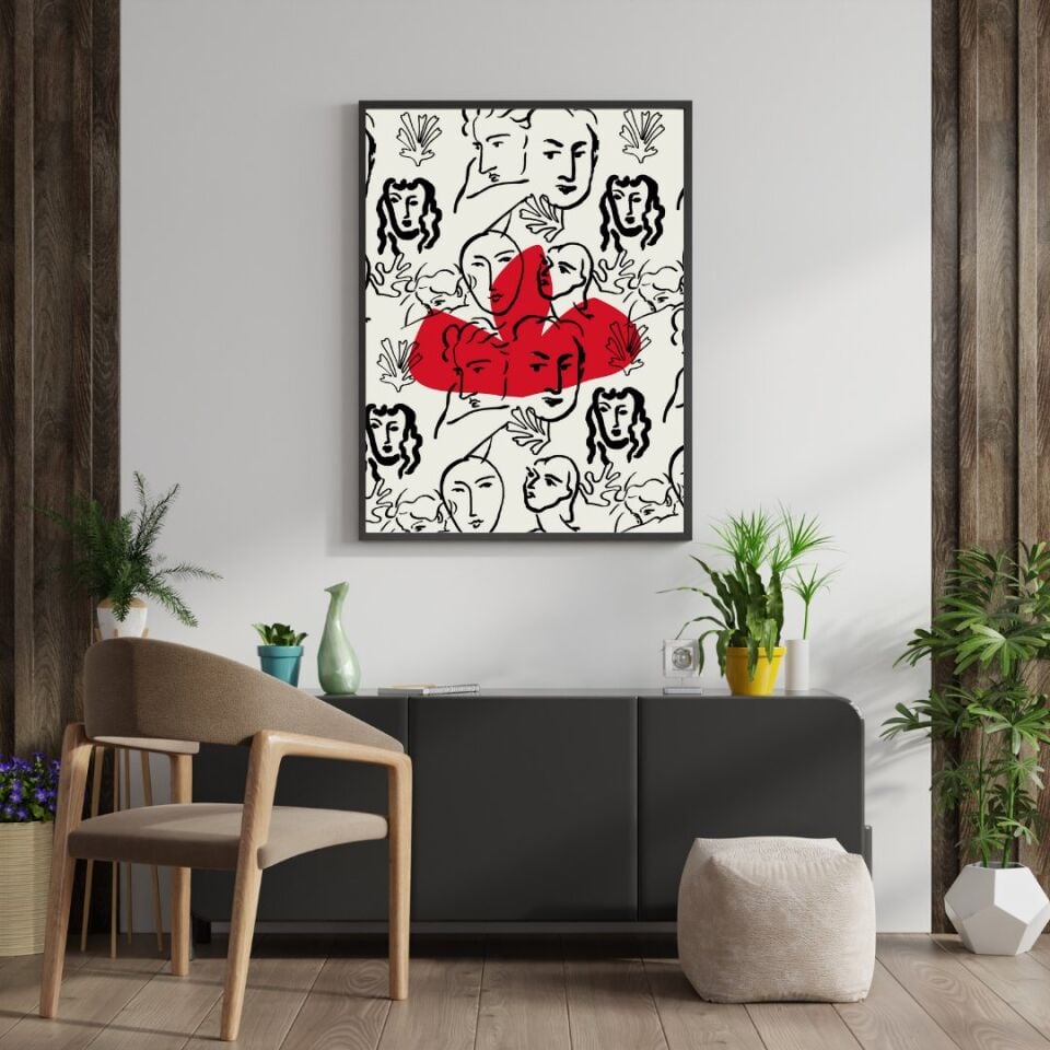 Kırmızı Siyah Kalabalık Duvar Tablosu Çerçeveli 3'lü Set Siyah - 40 x 50