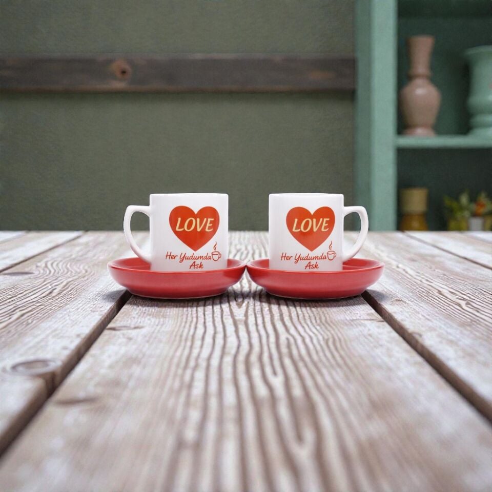 Her Yudumda Aşk  Seramik Kahve Fincanı Kırmızı Tabak 2'li Set