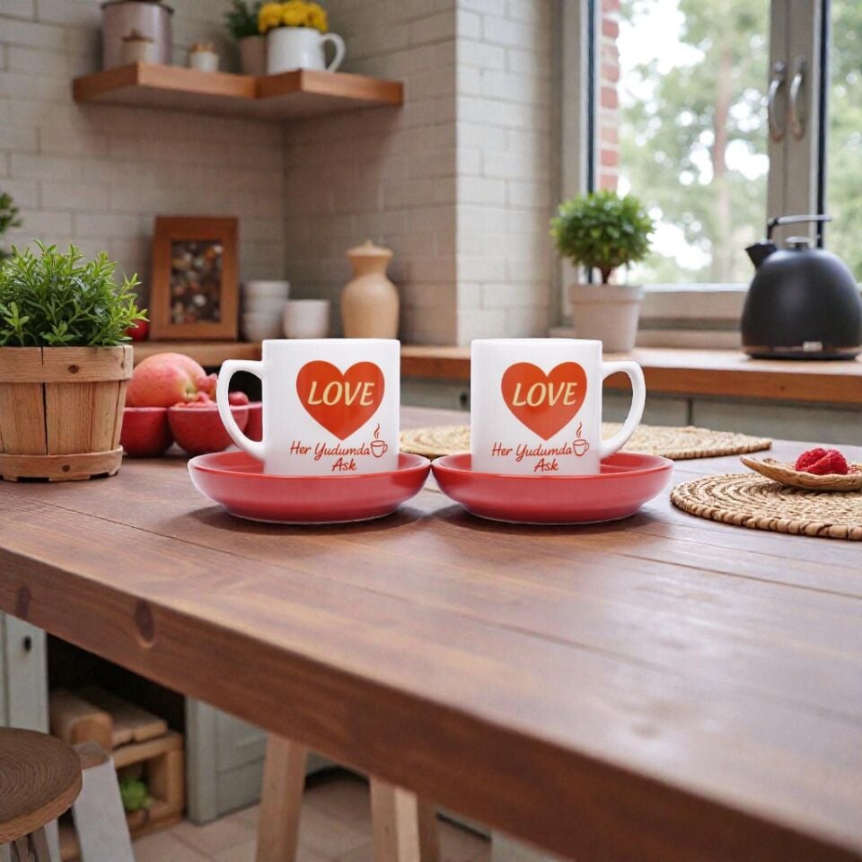 Her Yudumda Aşk  Seramik Kahve Fincanı Kırmızı Tabak 2'li Set