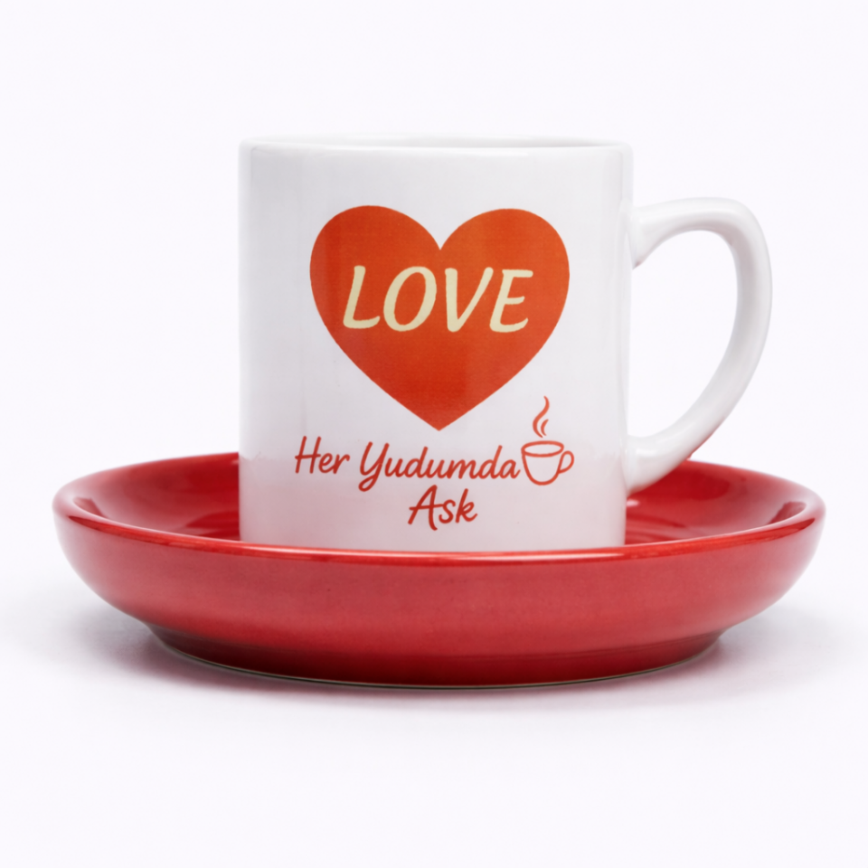 Her Yudumda Aşk  Seramik Kahve Fincanı Kırmızı Tabak 2'li Set