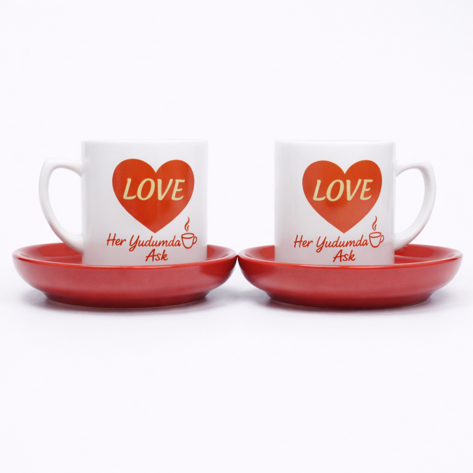 Her Yudumda Aşk  Seramik Kahve Fincanı Kırmızı Tabak 2'li Set