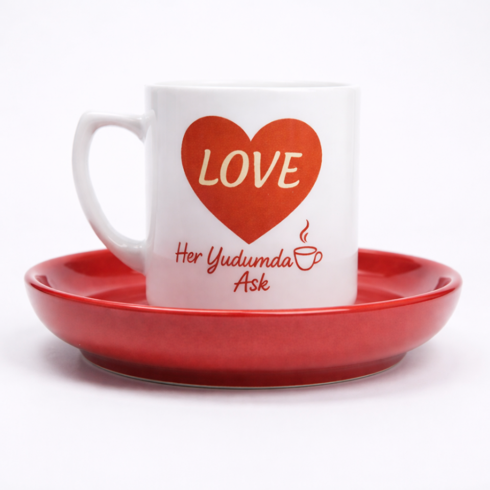 Her Yudumda Aşk  Seramik Kahve Fincanı Kırmızı Tabak 2'li Set
