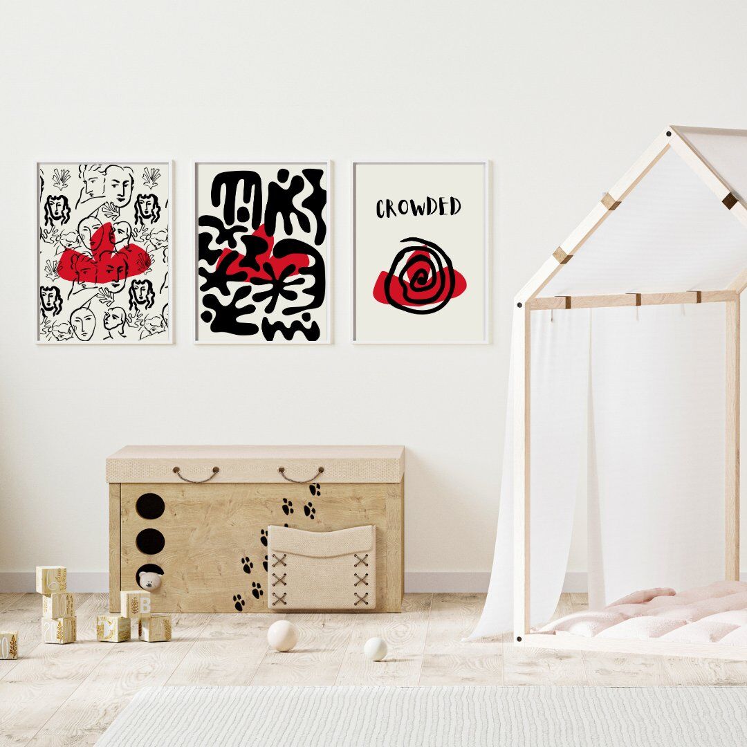 Kırmızı Siyah Kalabalık Duvar Tablosu Çerçeveli 3'lü Set Beyaz - 21 x 30