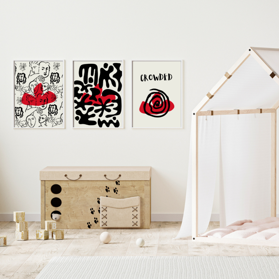 Kırmızı Siyah Kalabalık Duvar Tablosu Çerçeveli 3'lü Set Beyaz - 30 x 42