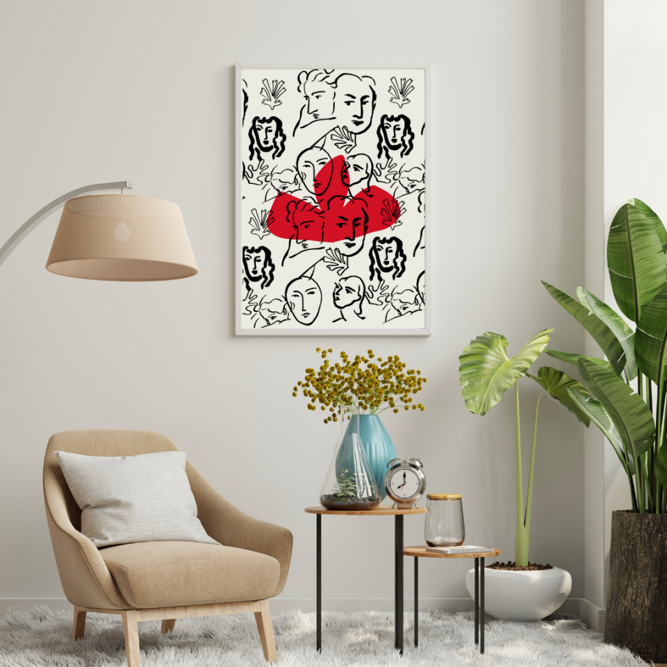 Kırmızı Siyah Kalabalık Duvar Tablosu Çerçeveli 3'lü Set Beyaz - 35 x 50