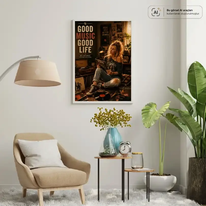 Plak Hikayeleri Kolleksiyonu İyi Müzik Güzel Hayat Beyaz - 40 x 50
