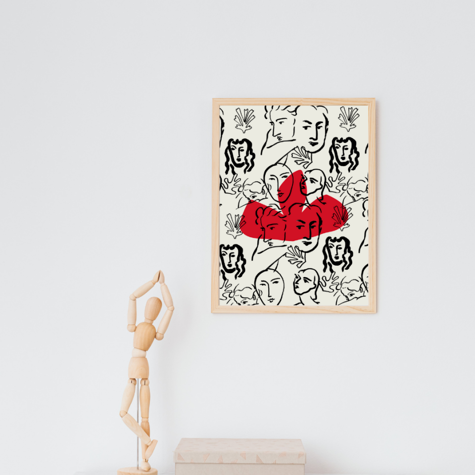 Kırmızı Siyah Kalabalık Duvar Tablosu Çerçeveli 3'lü Set Ahşap - 50 x 70