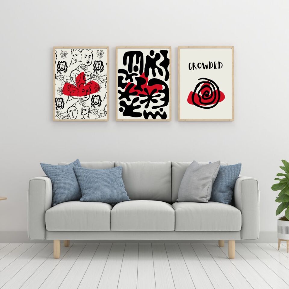 Kırmızı Siyah Kalabalık Duvar Tablosu Çerçeveli 3'lü Set Ahşap - 21 x 30