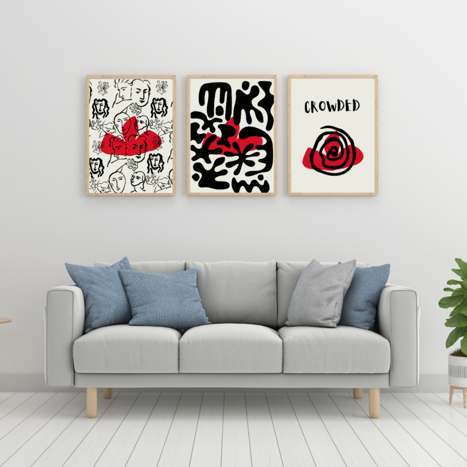 Kırmızı Siyah Kalabalık Duvar Tablosu Çerçeveli 3'lü Set Ahşap - 35 x 50