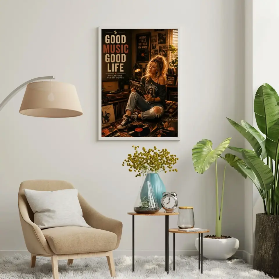 Plak Hikayeleri Kolleksiyonu İyi Müzik Güzel Hayat Beyaz - 35 x 50