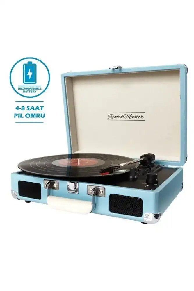 Record Master T310CH Şarjlı Bluetooth Pikap | 33-45-78 Devir Retro Turkuaz Çanta Plak Çalar