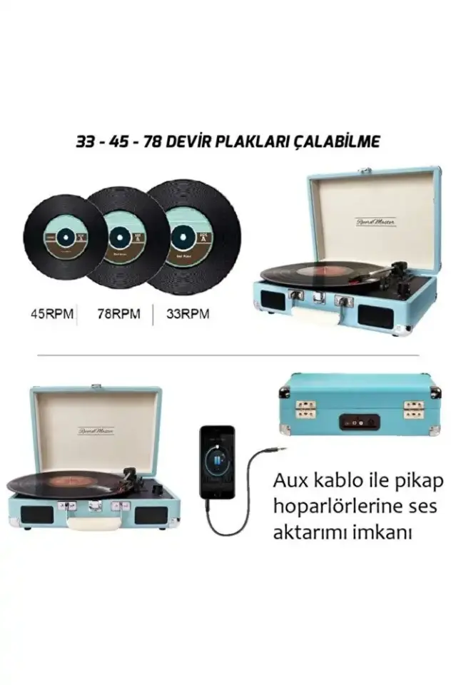 Record Master T310CH Şarjlı Bluetooth Pikap | 33-45-78 Devir Retro Turkuaz Çanta Plak Çalar