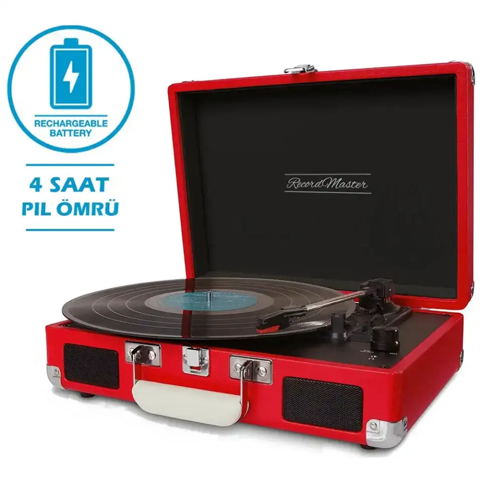 Record Master T310CH Şarjlı Bluetooth Pikap | 33-45-78 Devir Retro Kırmızı Çanta Plak Çalar