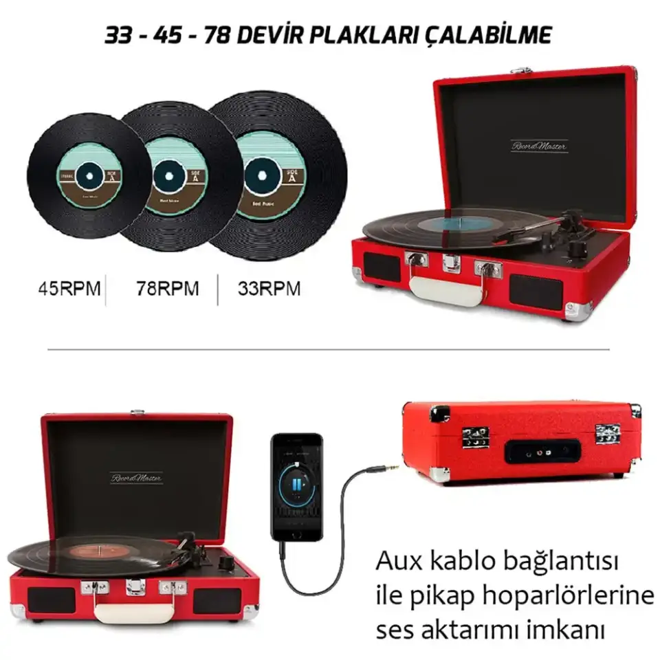 Record Master T310CH Şarjlı Bluetooth Pikap | 33-45-78 Devir Retro Kırmızı Çanta Plak Çalar