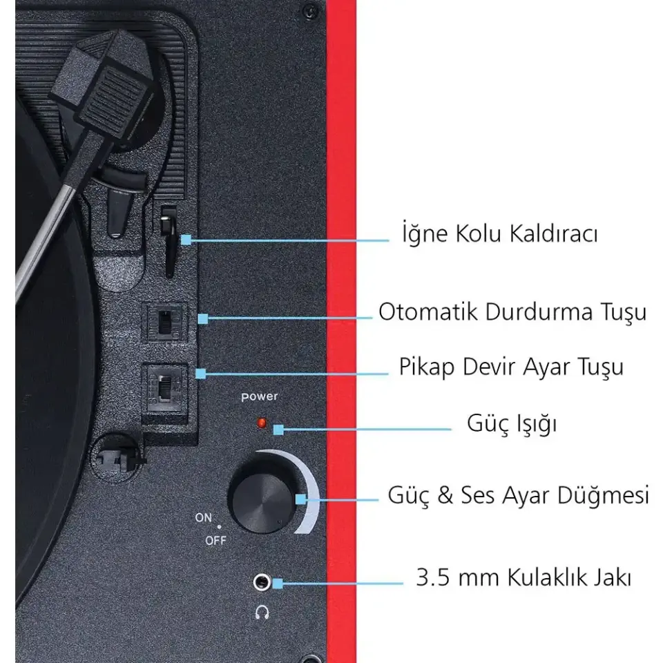 Record Master T310CH Şarjlı Bluetooth Pikap | 33-45-78 Devir Retro Kırmızı Çanta Plak Çalar