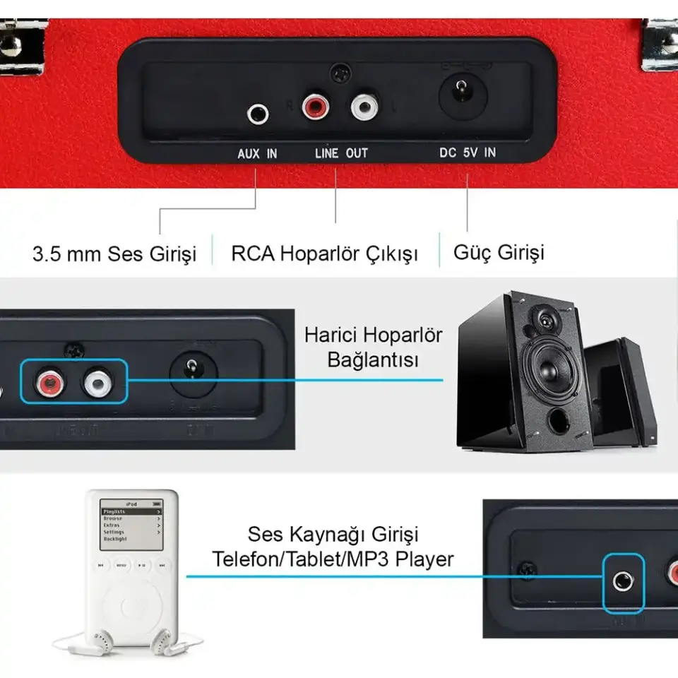 Record Master T310CH Şarjlı Bluetooth Pikap | 33-45-78 Devir Retro Kırmızı Çanta Plak Çalar