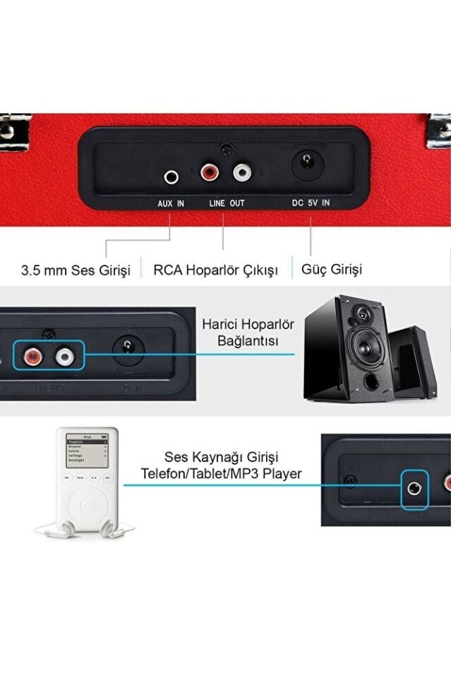 T310CH Şarj Özellikli Plak Çalar 33-45-78 Devir Kırmızı Renk Tek Ebat Beden