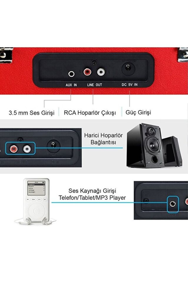 T310CH Şarj Özellikli Plak Çalar 33-45-78 Devir Kırmızı Renk Tek Ebat Beden