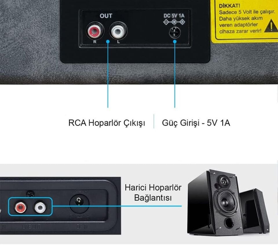 ST14012 Bluetooth ve Şarj Özellikli Pikap 33-45-78 Devir Gri-Siyah Deri Renk Tek Ebat Beden