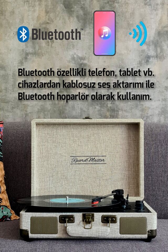 ST14012 Bluetooth ve Şarj Özellikli Taşınabilir  Retro Pikap Kumaş Bej Rengi