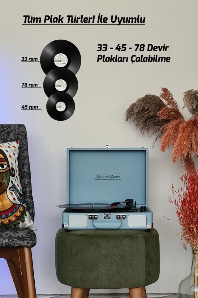 ST14012 Bluetooth ve Şarj Özellikli Pikap 33-45-78 Devir Pudra Mavi Renk Tek Ebat Beden