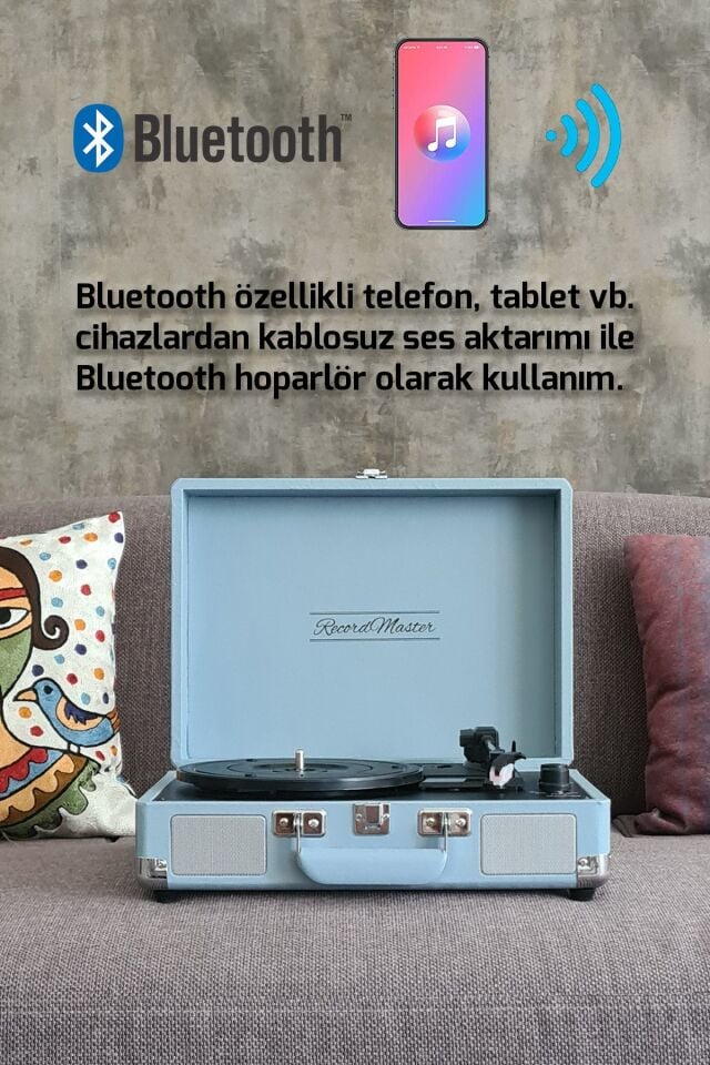 ST14012 Bluetooth ve Şarj Özellikli Pikap 33-45-78 Devir Pudra Mavi Renk Tek Ebat Beden