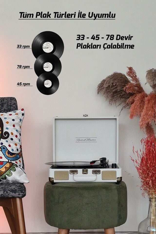 ST14012 Bluetooth ve Şarj Özellikli Taşınabilir  Retro Pikap Kum Beyazı