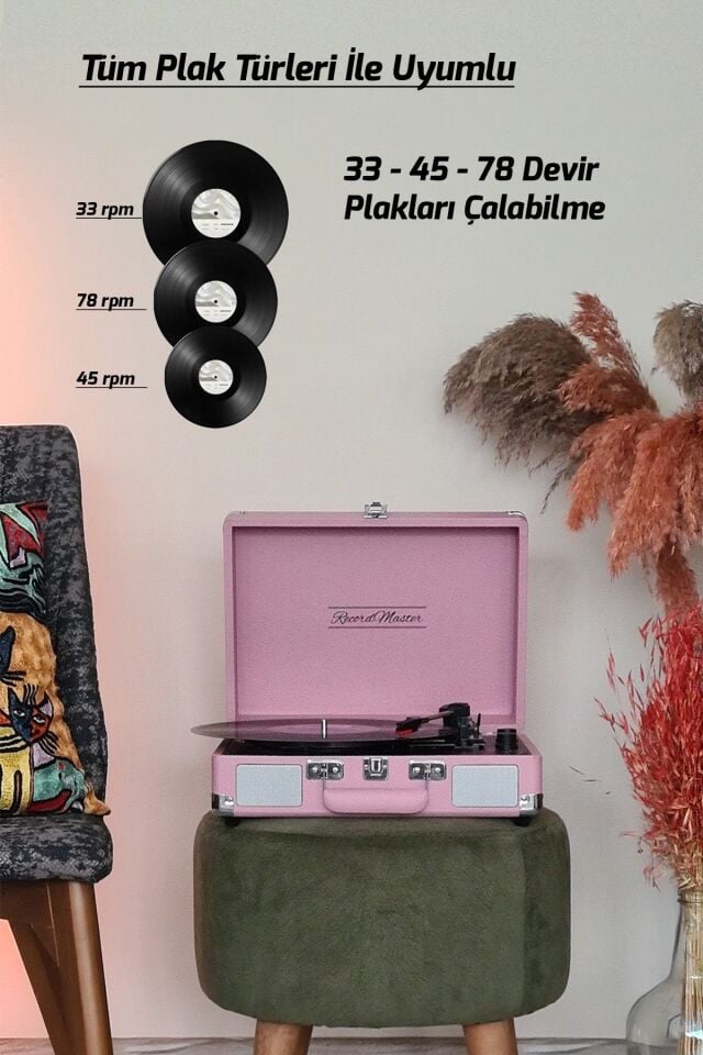 ST14012 Bluetooth ve Şarj Özellikli Pikap 33-45-78 Devir Pembe Renk Tek Ebat Beden