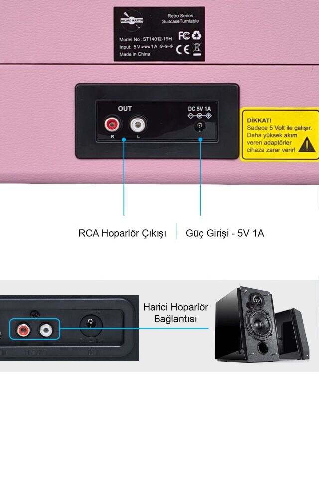 ST14012 Bluetooth ve Şarj Özellikli Pikap 33-45-78 Devir Pembe Renk Tek Ebat Beden