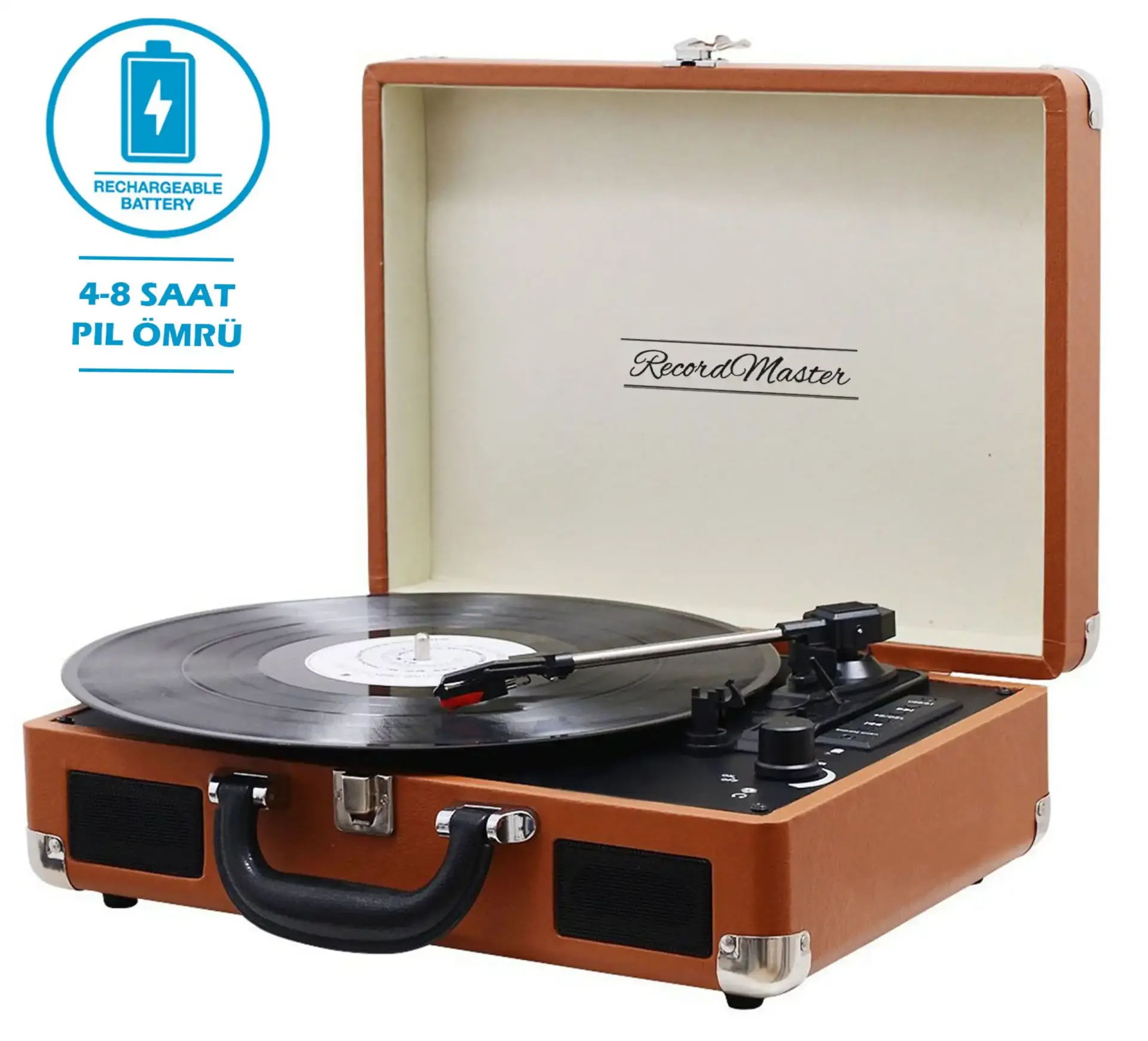Record Master T310CH Şarjlı Bluetooth Pikap | 33-45-78 Devir Retro Kahverengi Çanta Plak Çalar