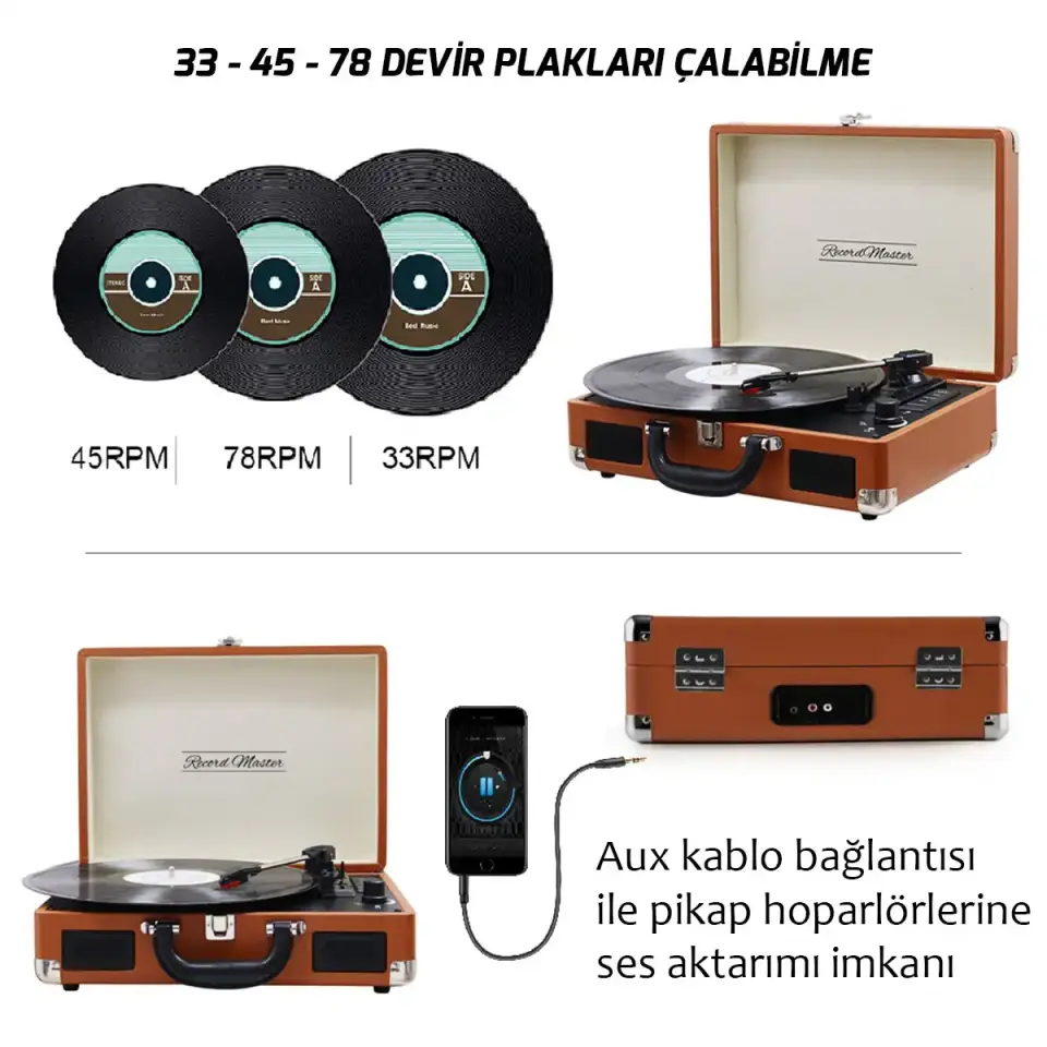 Record Master T310CH Şarjlı Bluetooth Pikap | 33-45-78 Devir Retro Kahverengi Çanta Plak Çalar