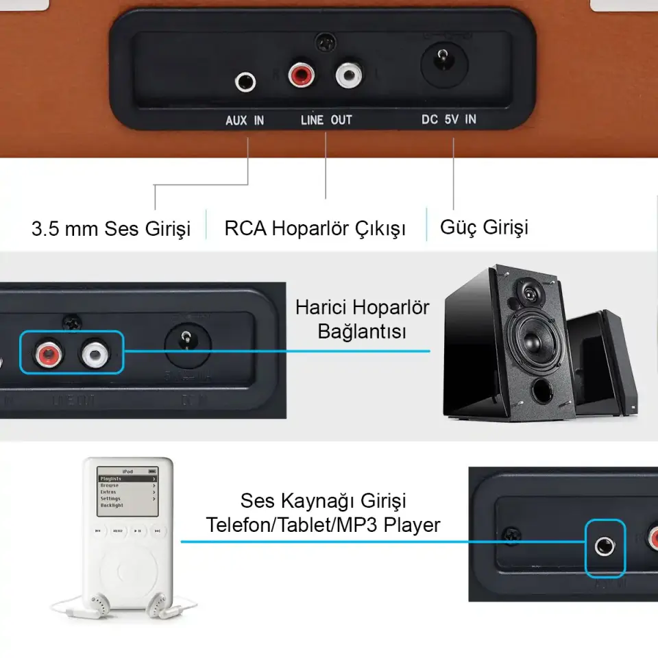Record Master T310CH Şarjlı Bluetooth Pikap | 33-45-78 Devir Retro Kahverengi Çanta Plak Çalar