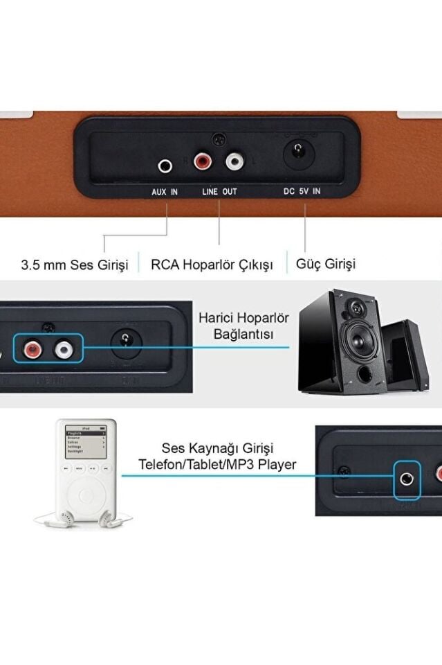 T310CH Şarj Özellikli Plak Çalar 33-45-78 Devir Kahverengi Renk Tek Ebat Beden