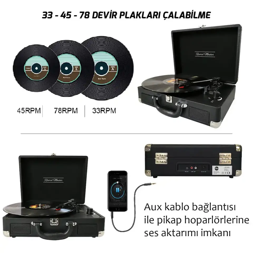 Record Master T310CH Şarjlı Bluetooth Pikap | 33-45-78 Devir Retro Siyah  Çanta Plak Çalar