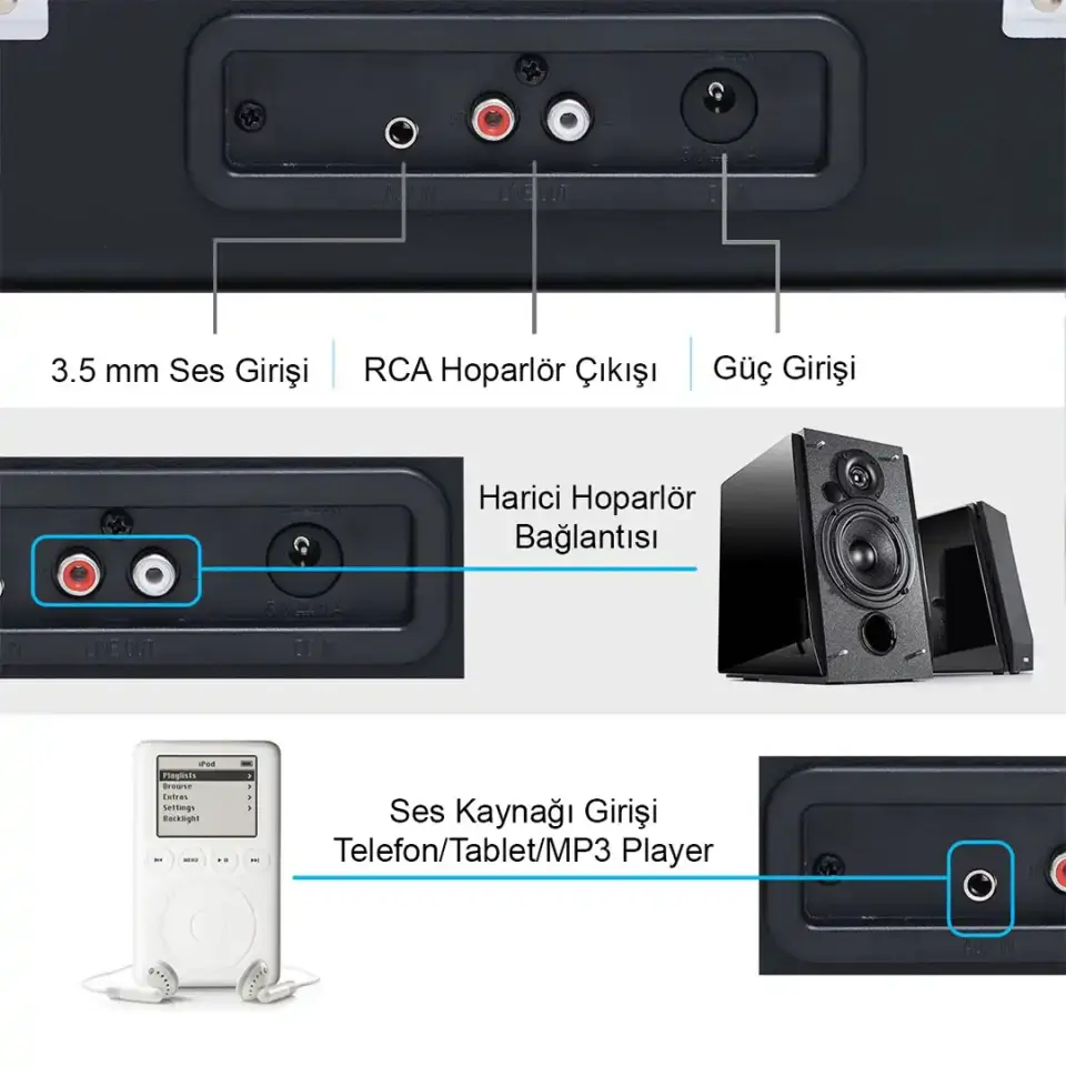 Record Master T310CH Şarjlı Bluetooth Pikap | 33-45-78 Devir Retro Siyah  Çanta Plak Çalar